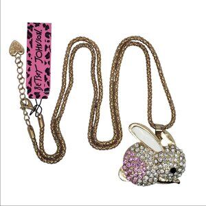 Betsey Johnson Pink Rhinestone Bunny Necklace 28” NWT